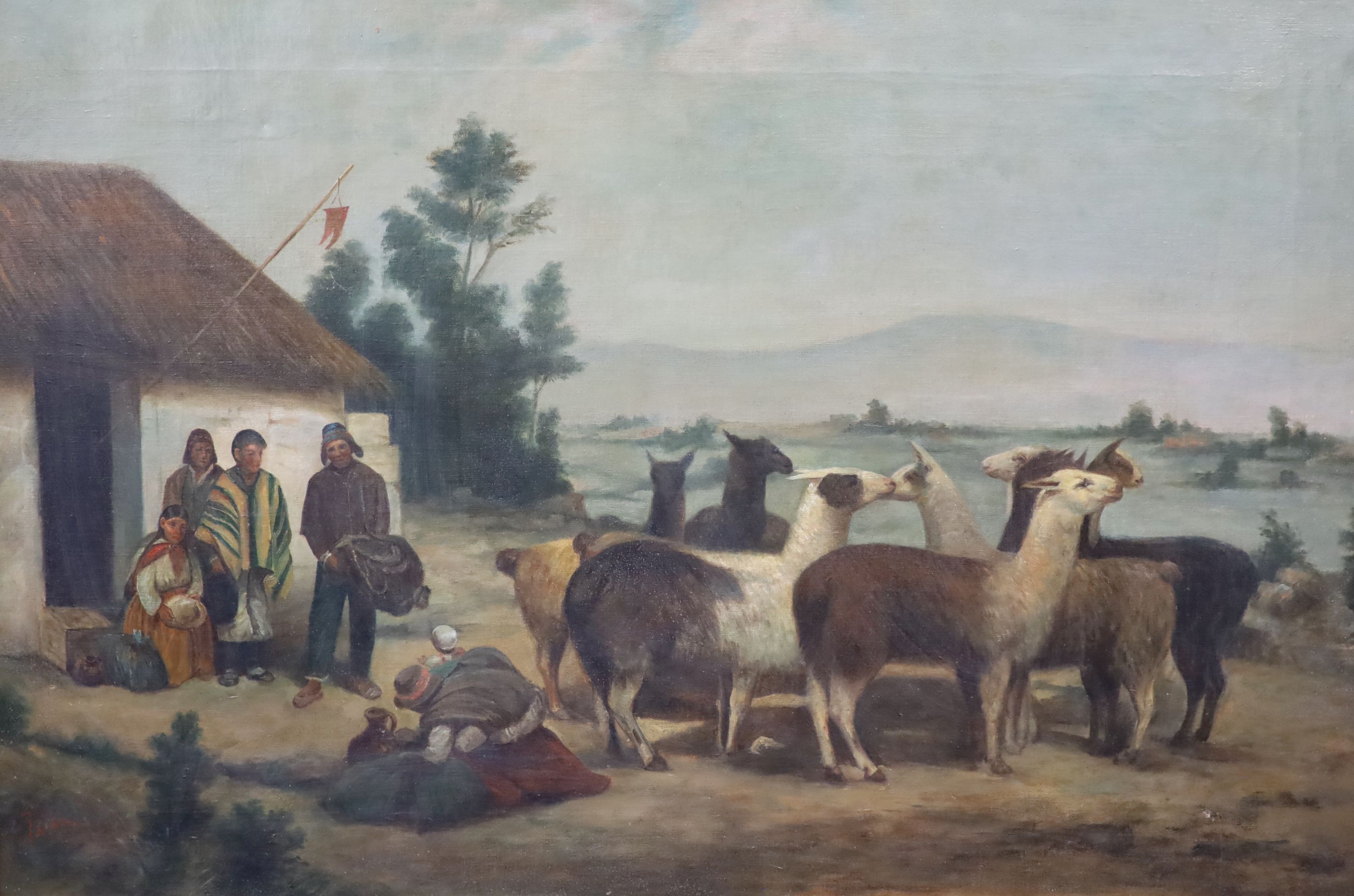 South American School, circa 1900, Peruvian lakeside scene with figures and llamas, Oil on canvas, 59 x 89cm.